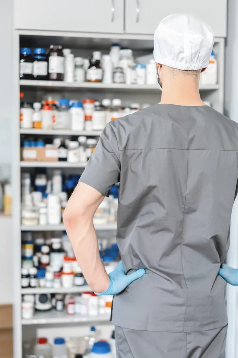 A pharmacist in front of medicine shelves